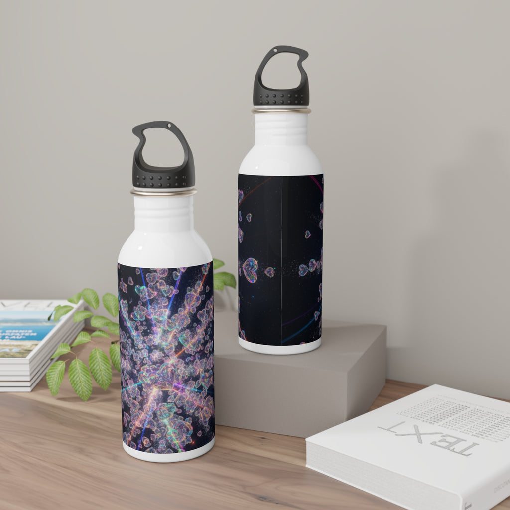 Borraccia in acciaio inox bianca con stampa blu-viola e tappo nero a maniglia