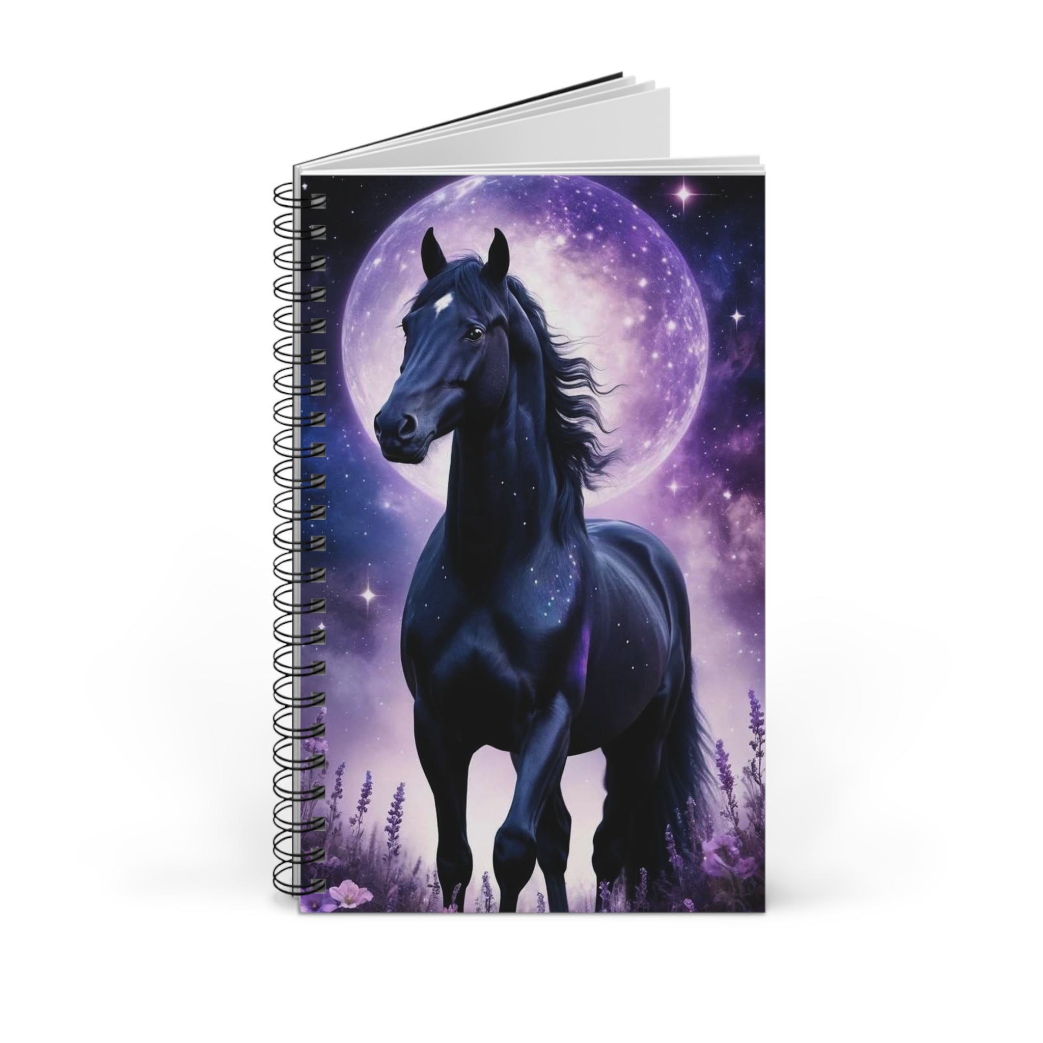 Spiral defter kapağı: mavi-siyah atlı mor ay tasarım, spiral cilt