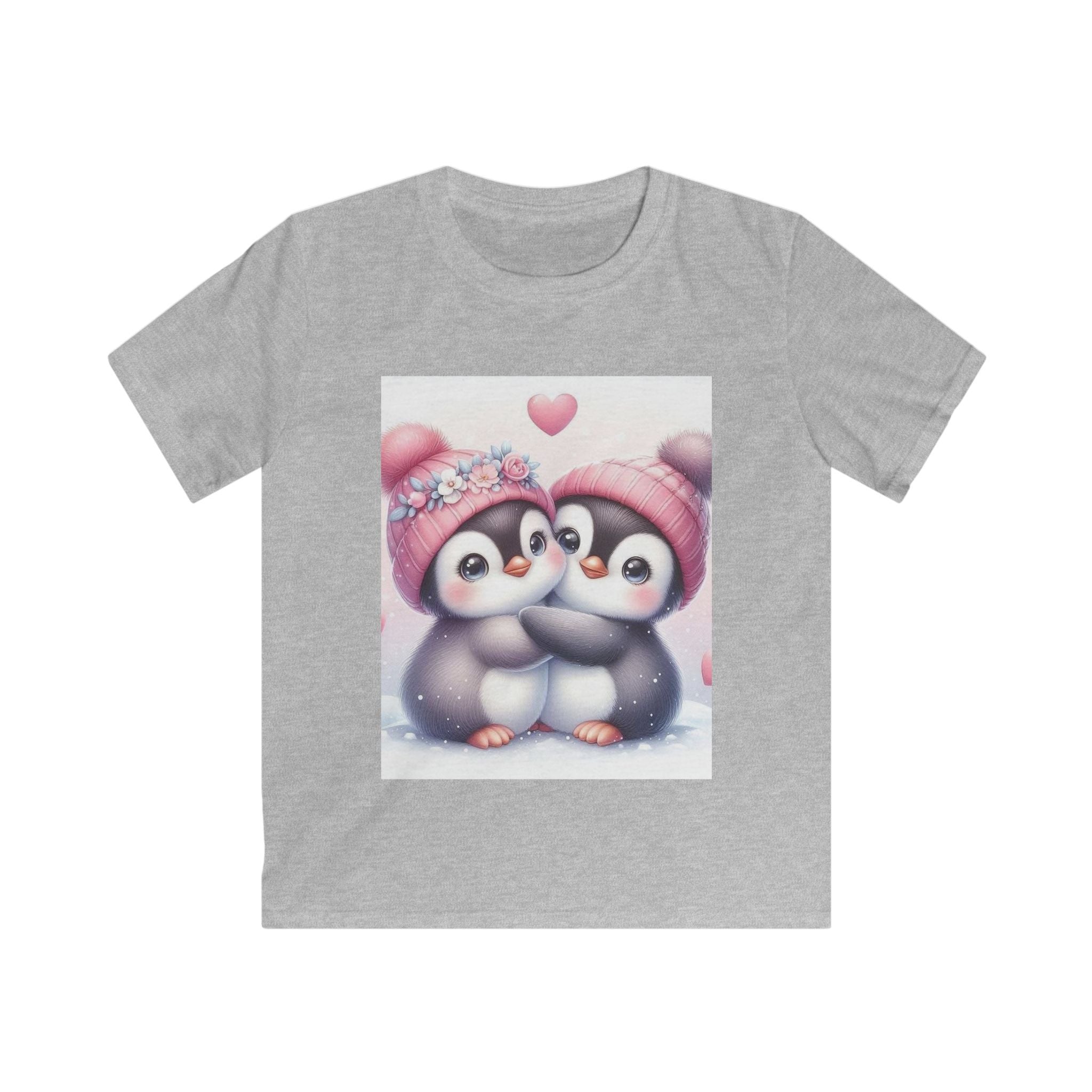 Maglietta bambino grigio chiaro con stampa di due pinguini e cuoricino rosa