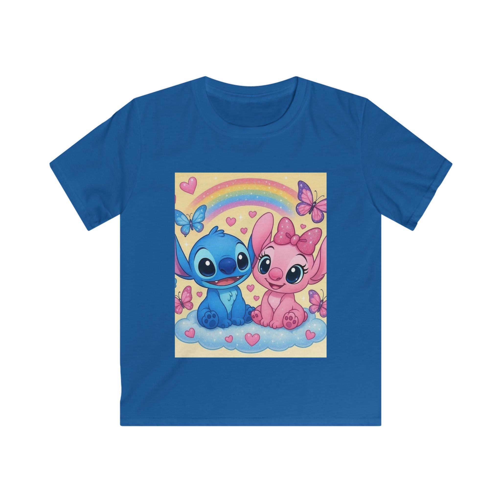 Maglietta bambino blu reale con stampa arcobaleno e due personaggi dei cartoni