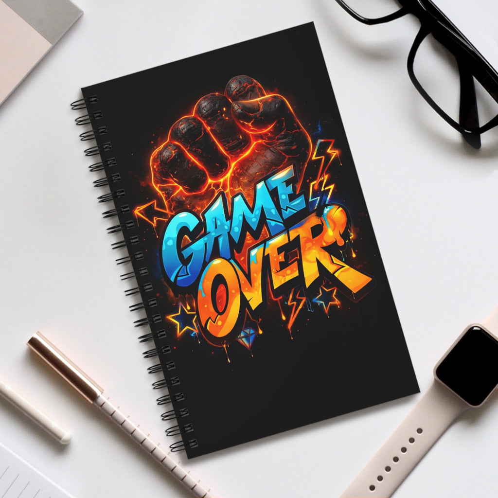 Quaderno nero Game Over con spirale metallica, copertina stampata