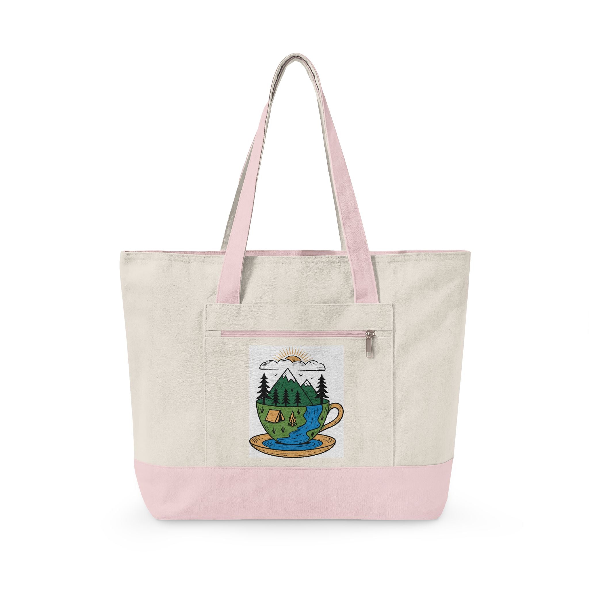 Mountain Teacup Scene Zippered Canvas Tote | Nature Illustration