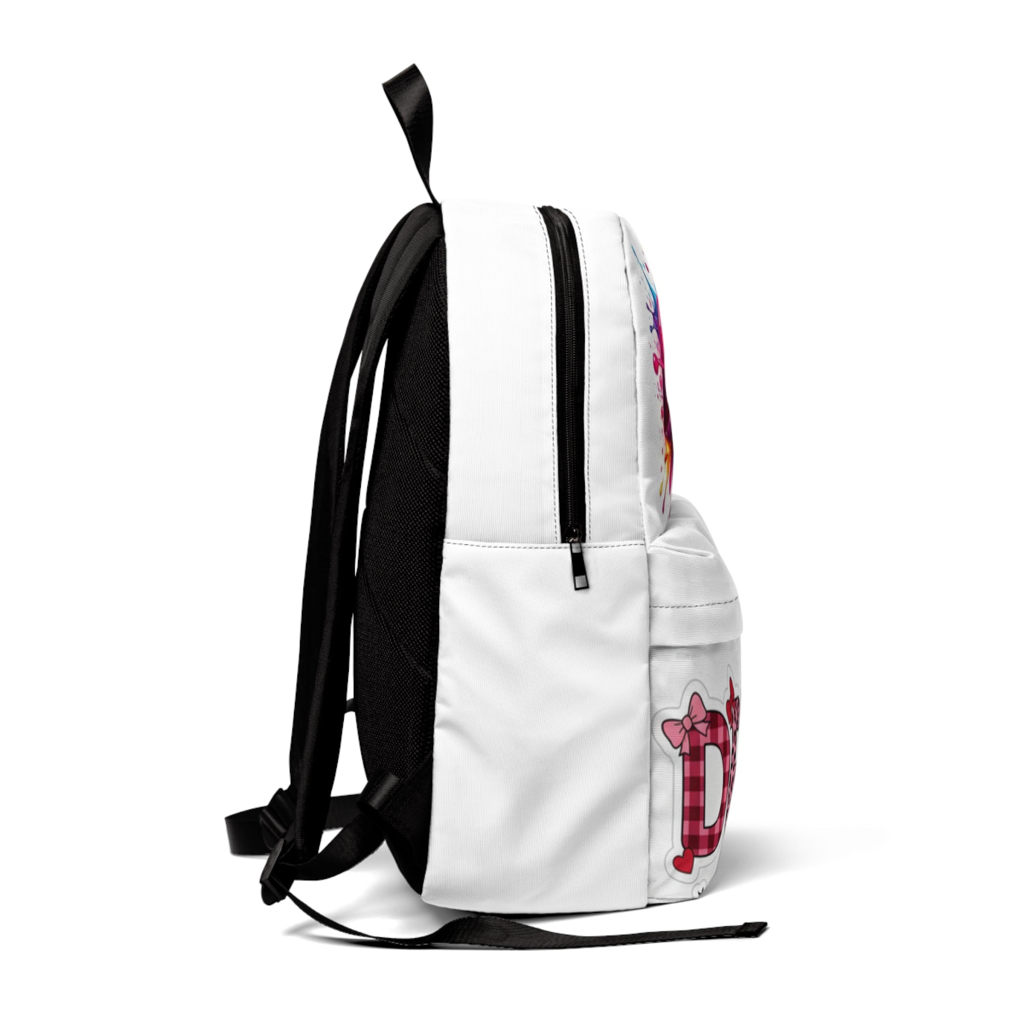 Zaino unisex bianco con spallacci neri e tasca laterale, grafica lips