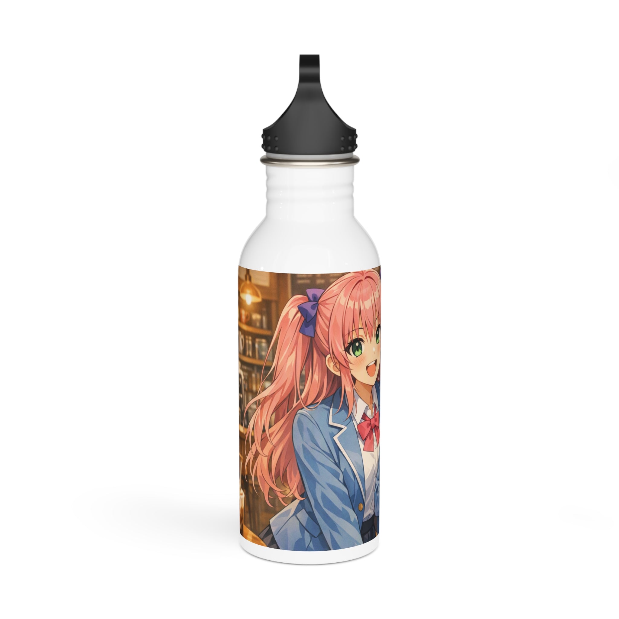 Bottiglia d’acqua in acciaio bianca con tappo nero e grafica anime sul lato.