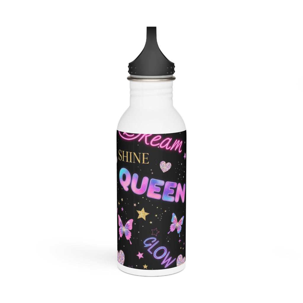 Borraccia in acciaio bianca con stampa nera “QUEEN”, cuori e farfalle, tappo nero