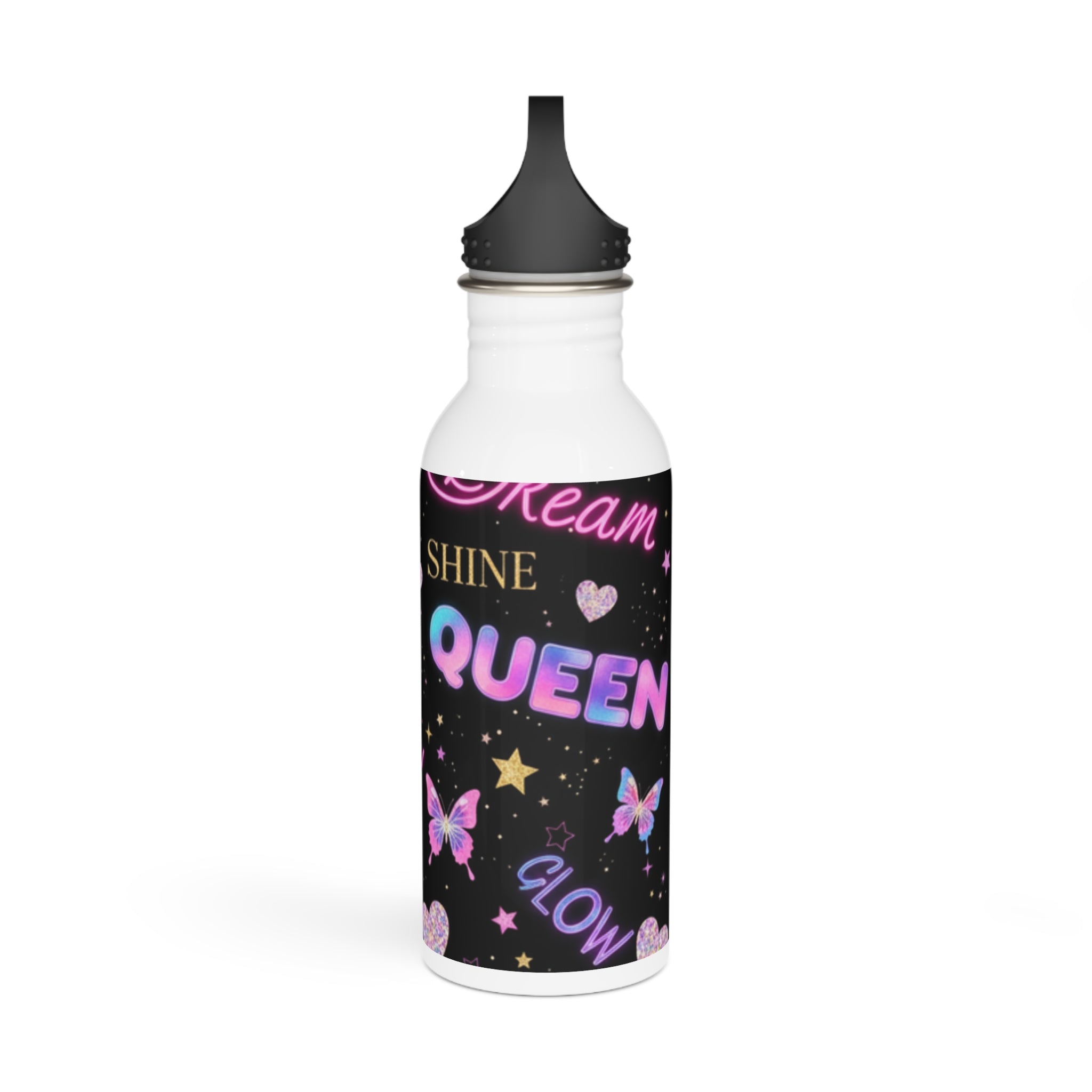 Borraccia in acciaio bianca con stampa nera “QUEEN”, cuori e farfalle, tappo nero