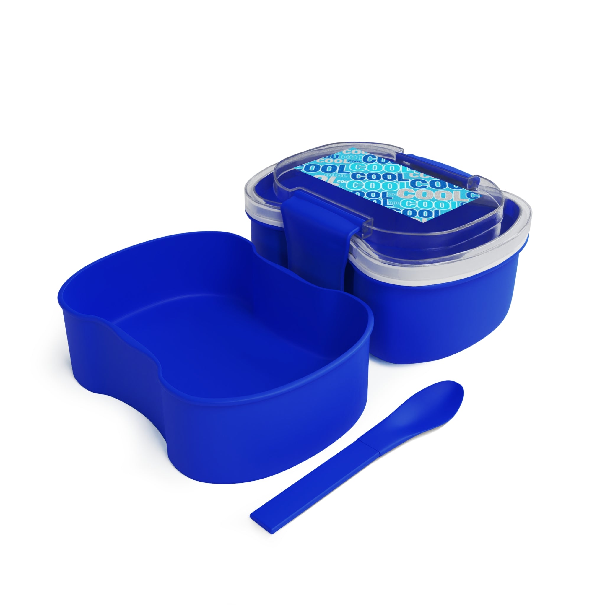 Bento blu a due comparti con coperchio trasparente e due vaschette separate.