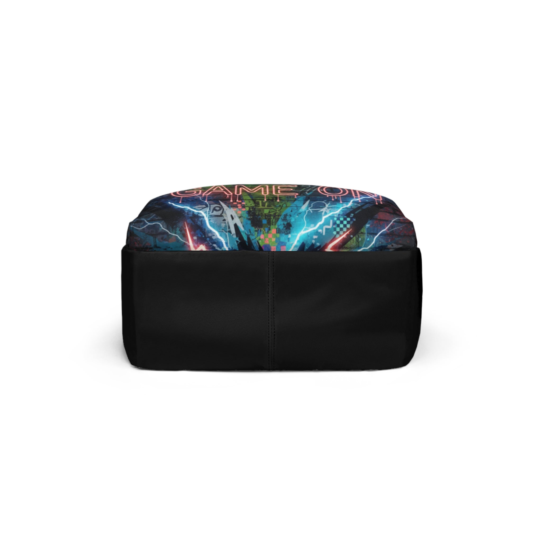 Zaino unisex nero con grafica colorata nella parte superiore e base liscia.