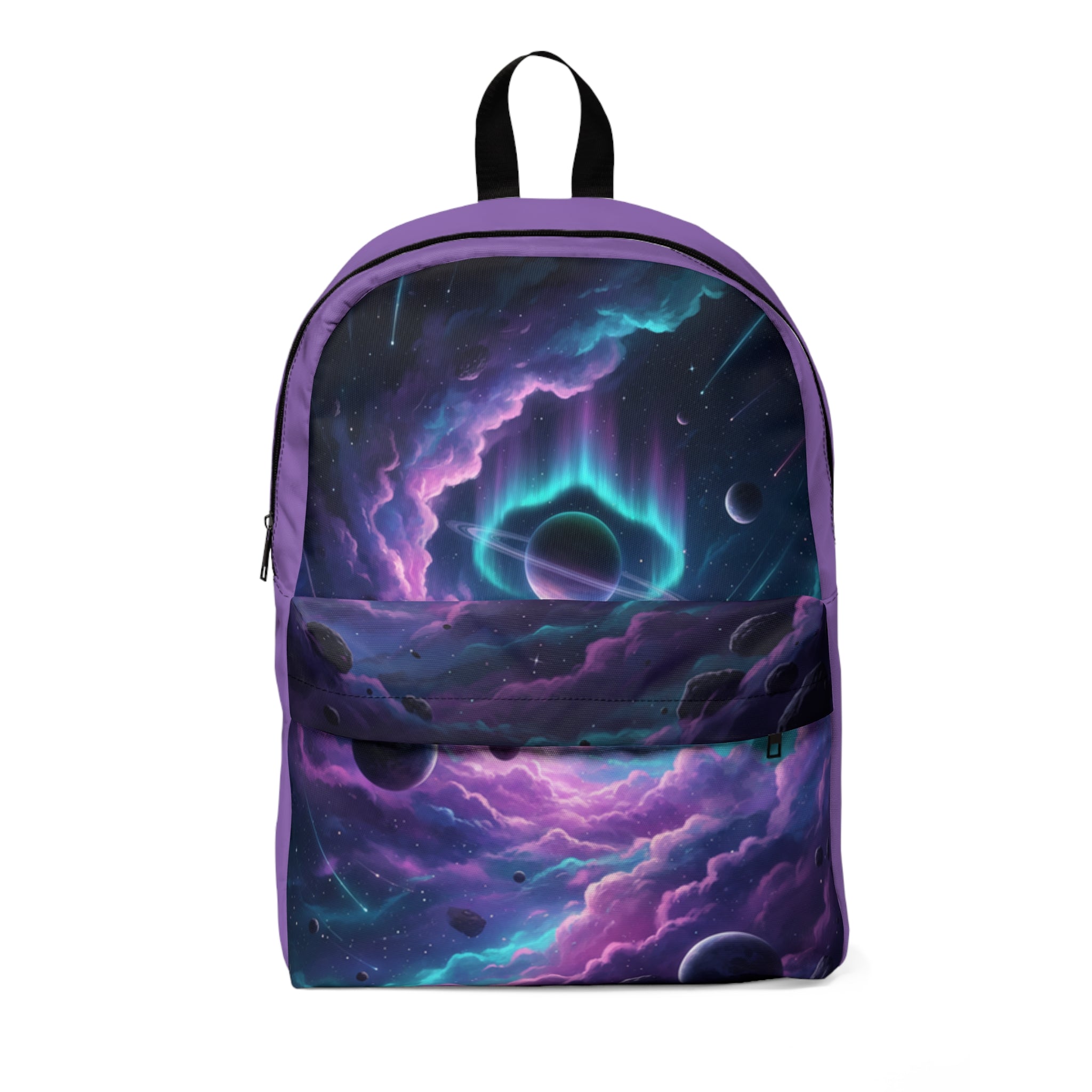 Zaino unisex viola con stampa galassia e tasca frontale con zip