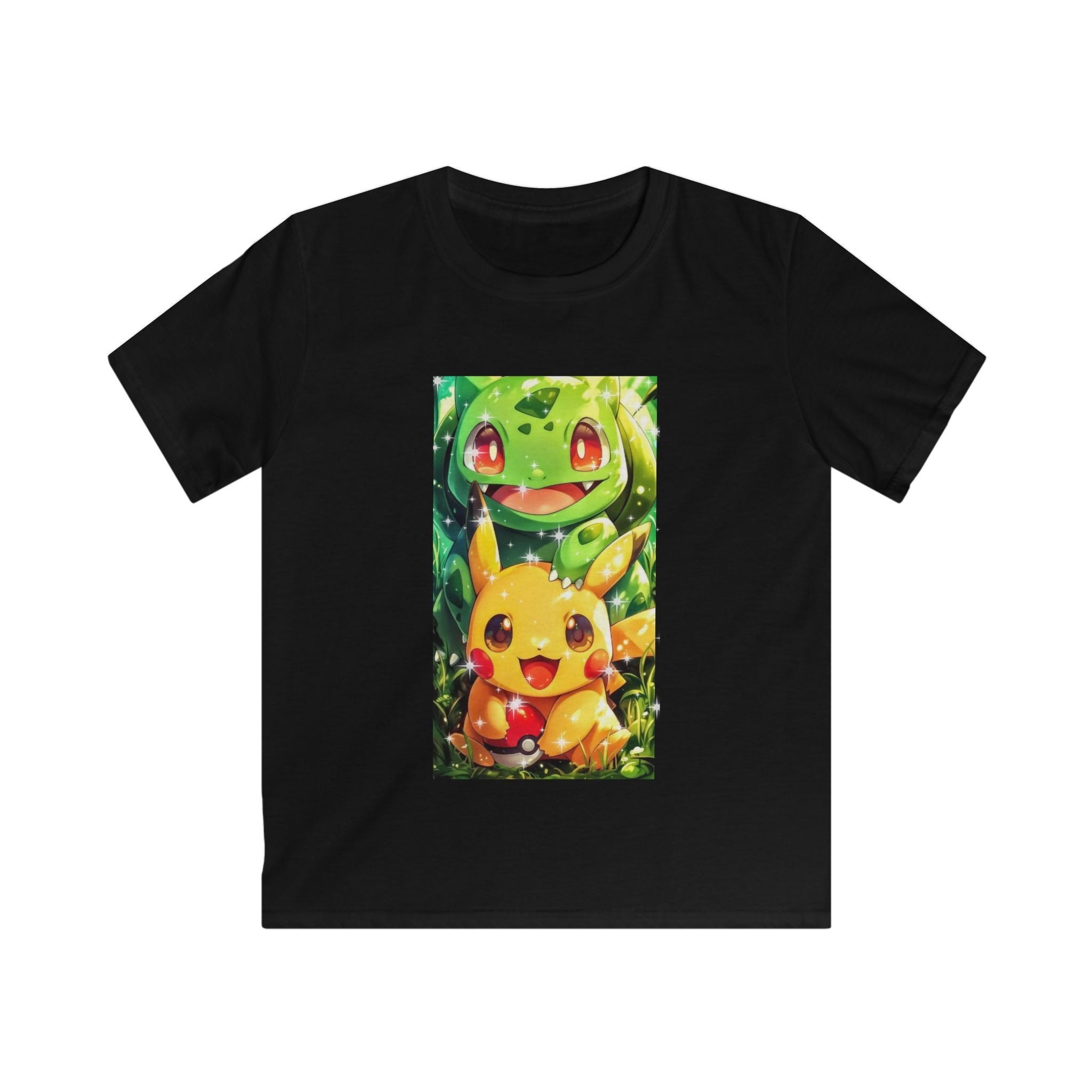 T-shirt bambino nera con stampa rettangolare di personaggi verdi e gialli
