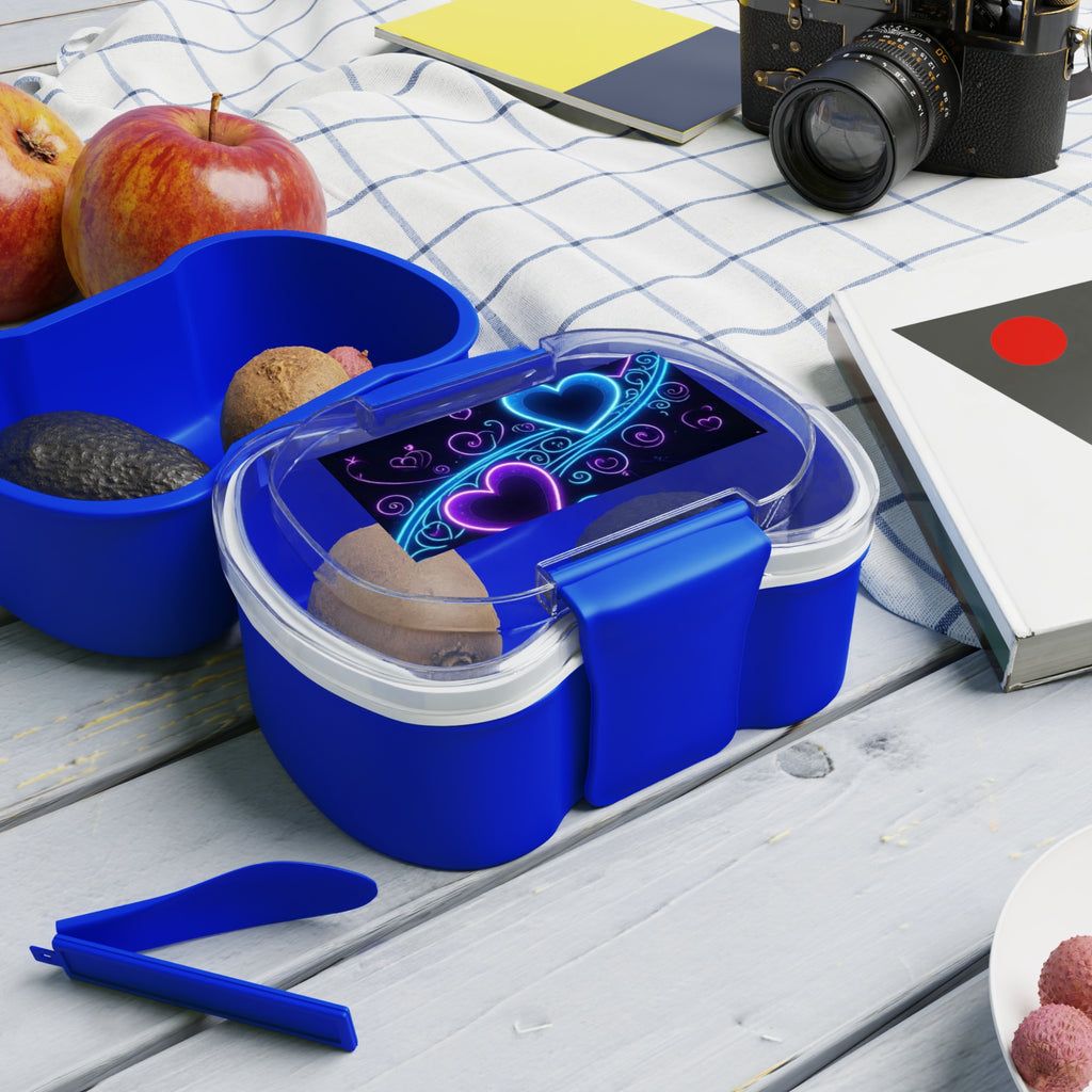 Bento blu a due livelli con scomparti e coperchio trasparente, pronto per snack.