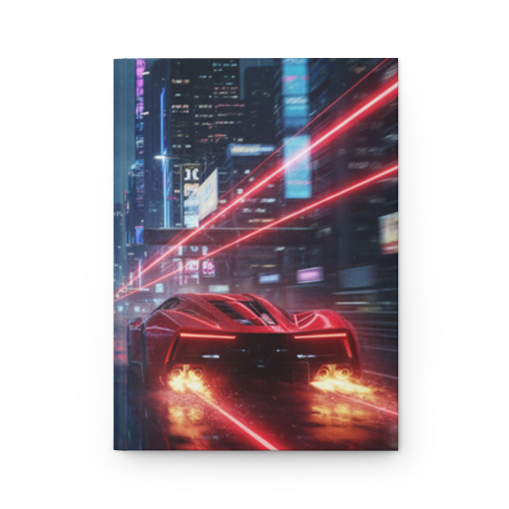 Mat sert kapaklı defter, kırmızı-mavi neon araç baskılı ön kapak