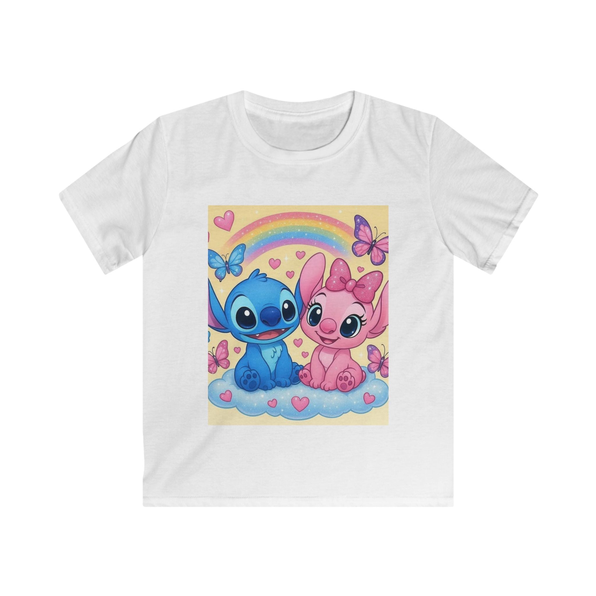 Maglietta bambino azzurra con stampa arcobaleno e due personaggi dei cartoni