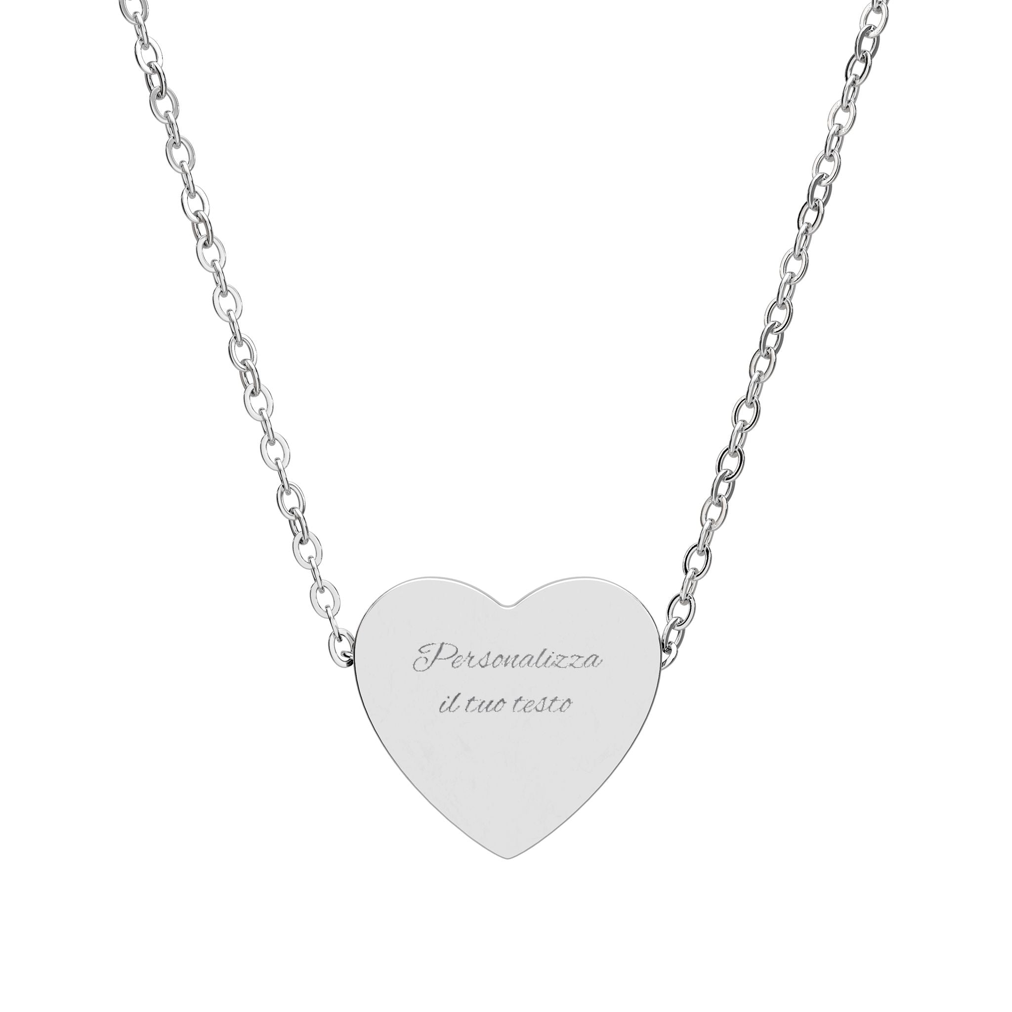 Collana con ciondolo a cuore argentato, incisione "Personalizza il tuo testo"