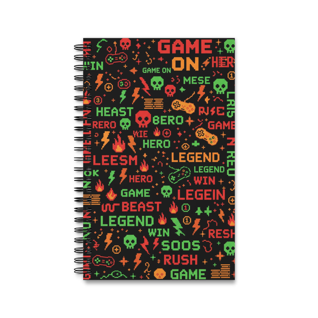 Quaderno a spirale con copertina nera e grafica gaming colorata.
