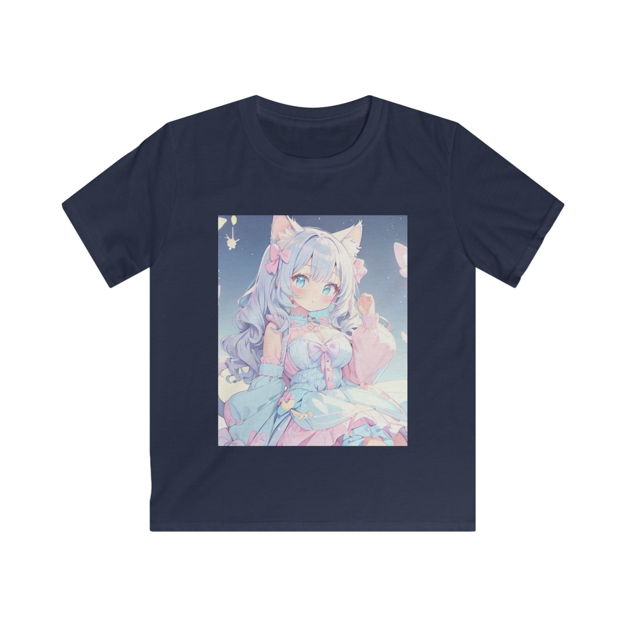 T-shirt per bambino blu navy con stampa quadrata di personaggio anime sul petto