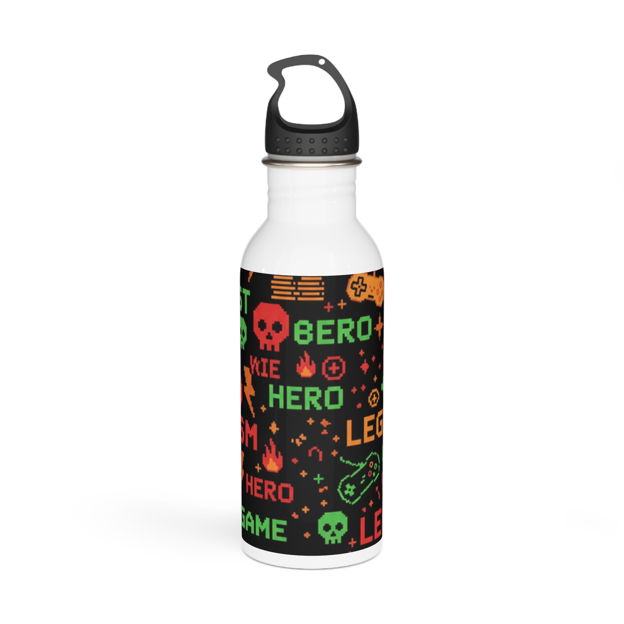 Borraccia in acciaio inox bianca con stampa gaming nera e tappo nero con impugnatura.