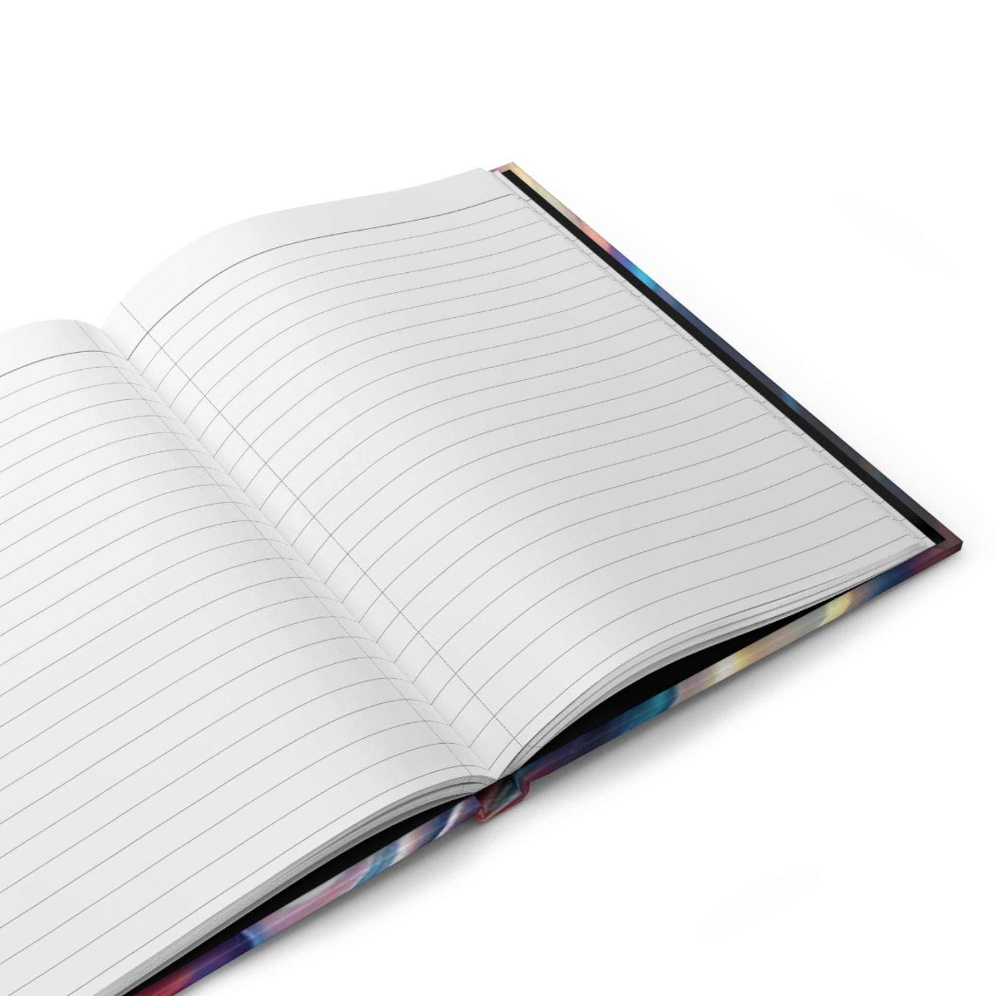 Hardcover notatbok åpen med linjerte sider og matt omslag