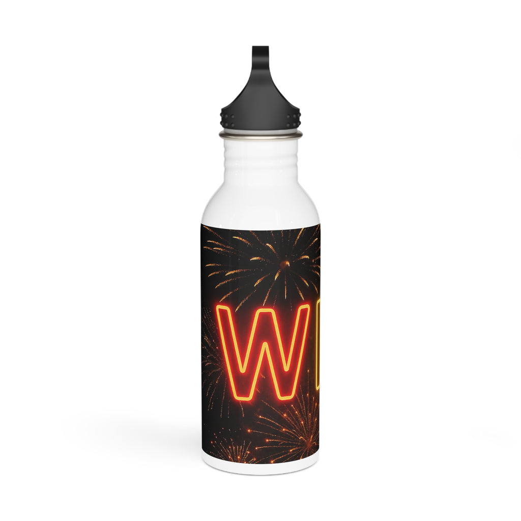 Borraccia acciaio bianca con tappo nero, scritta W neon e fuochi d'artificio