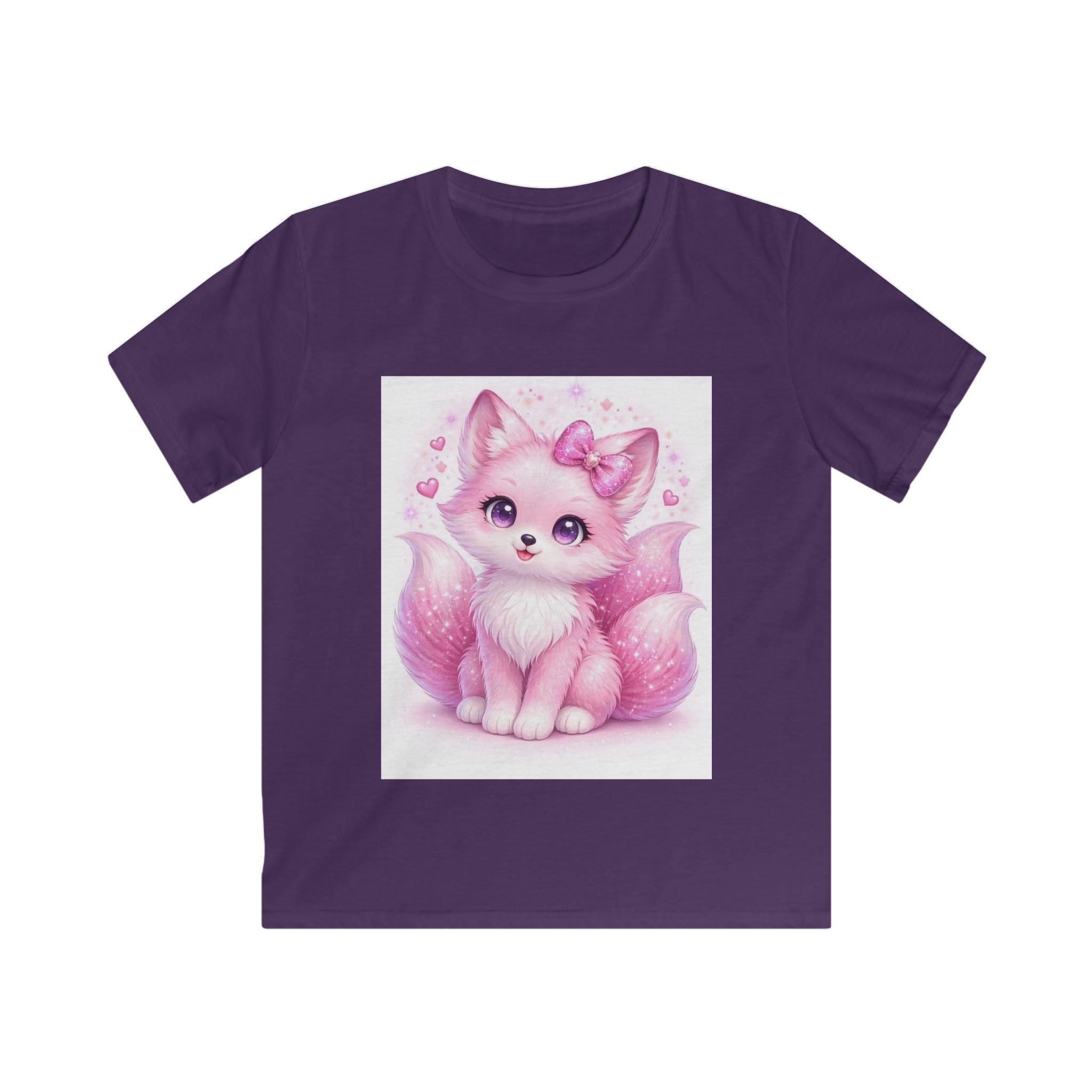 T-shirt bambino viola con stampa gattino rosa e fiocco sul petto