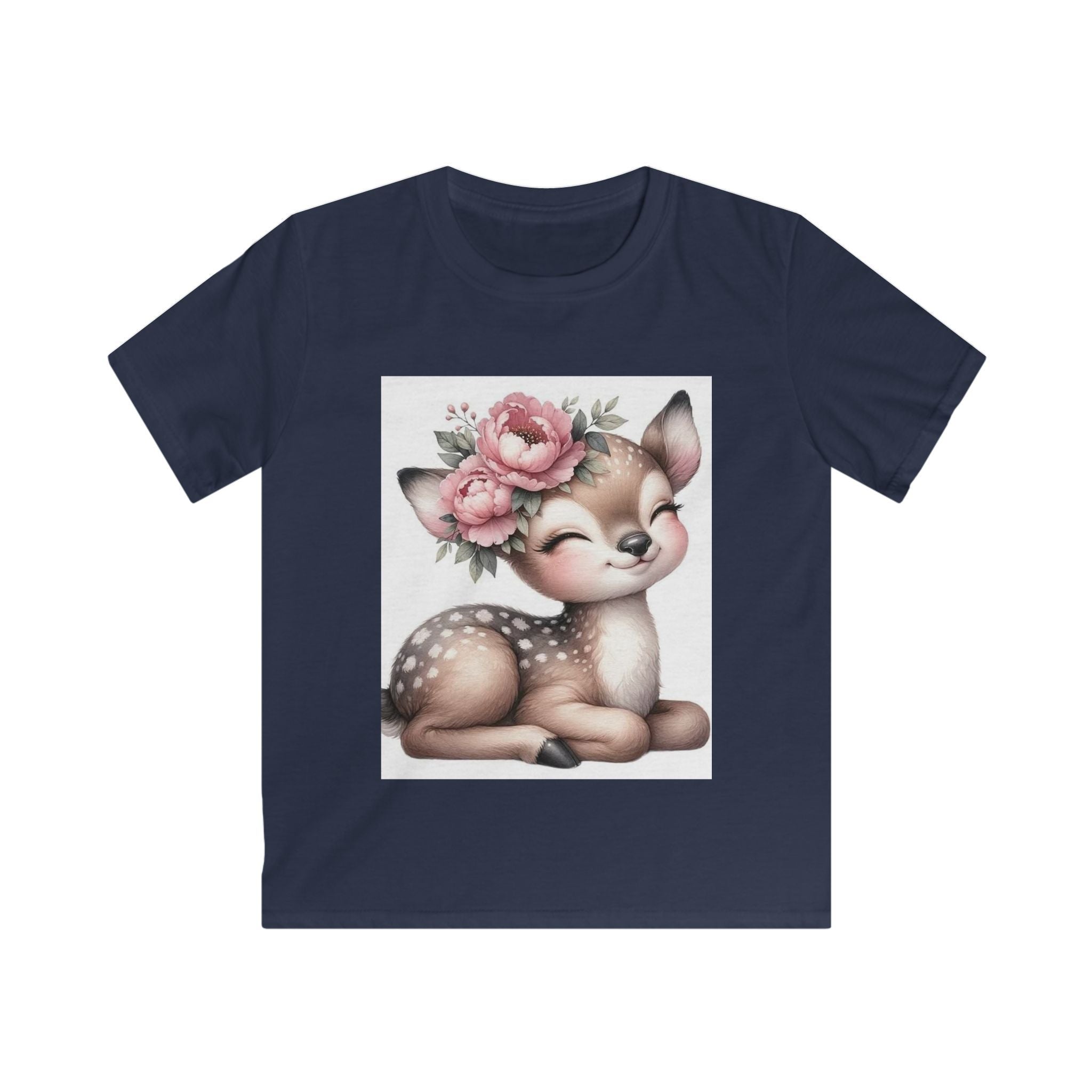 T-shirt bambino blu navy con stampa cerbiatto e fiori rosa in riquadro