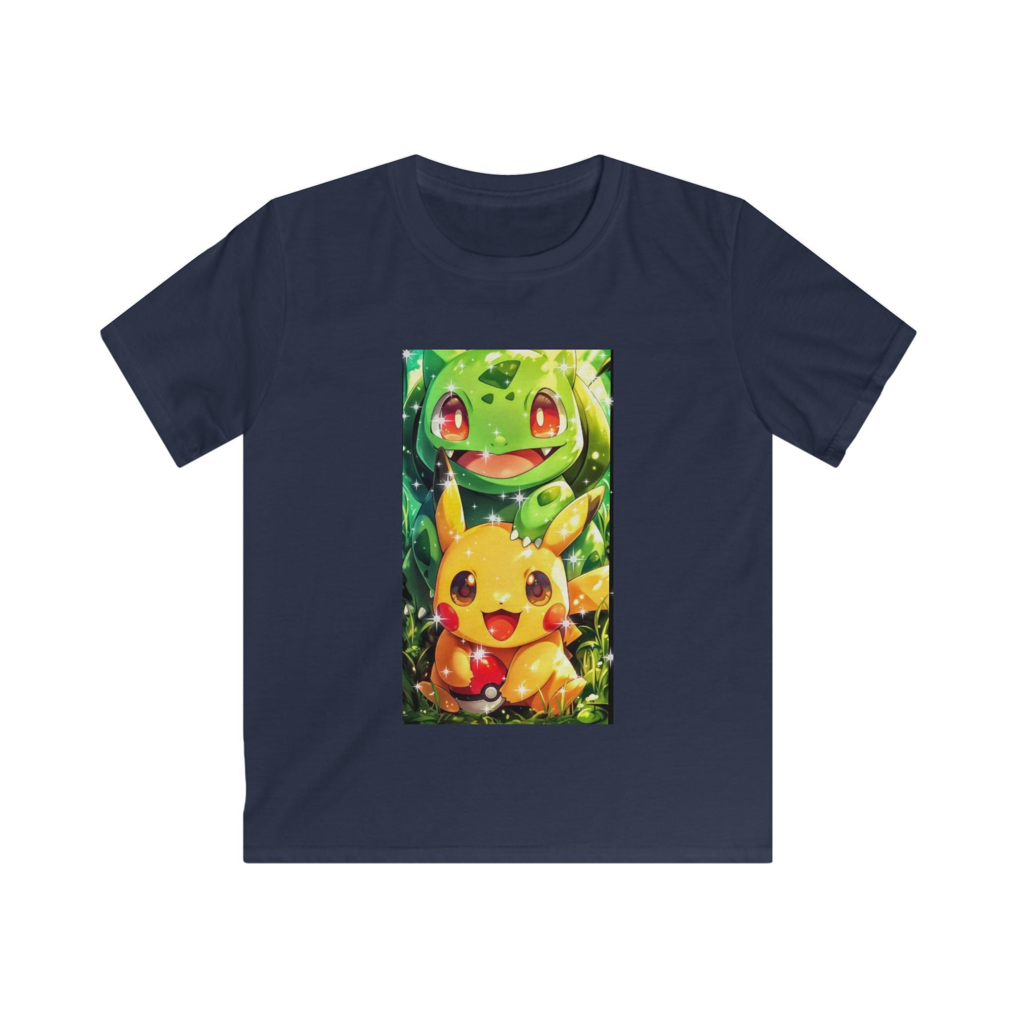 Maglietta per bambini blu navy con stampa rettangolare di Pokémon verde e giallo