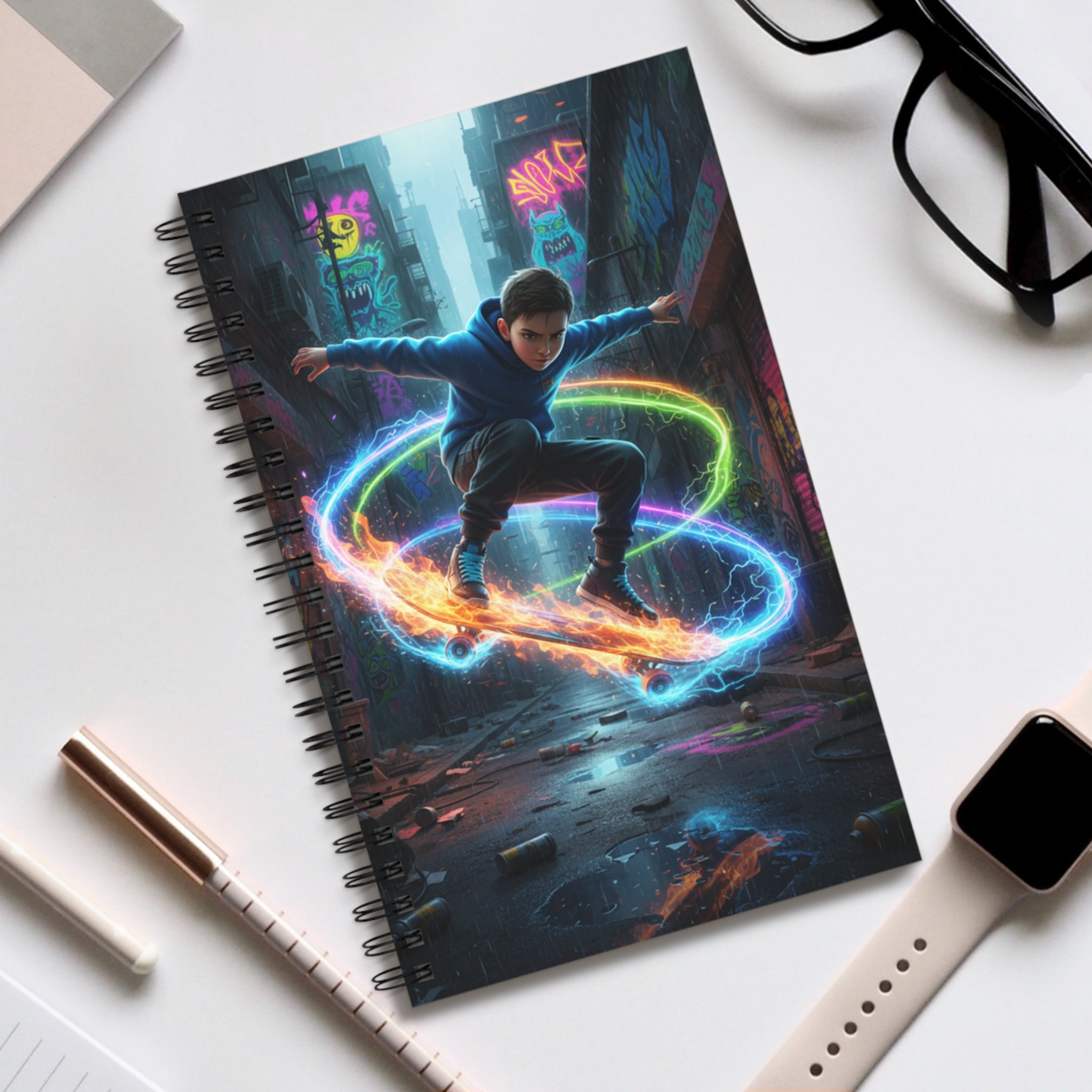 Quaderno ad anelli con copertina nera e grafica neon fantasy