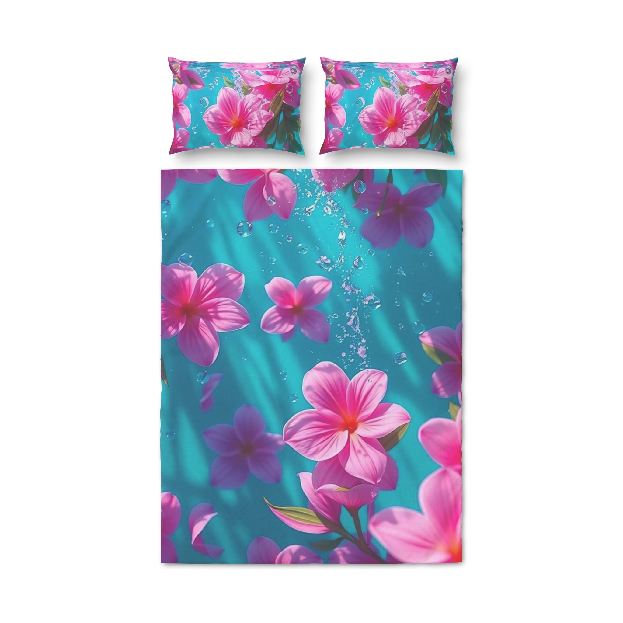 Set copripiumino teal con fiori rosa, con due federe abbinate