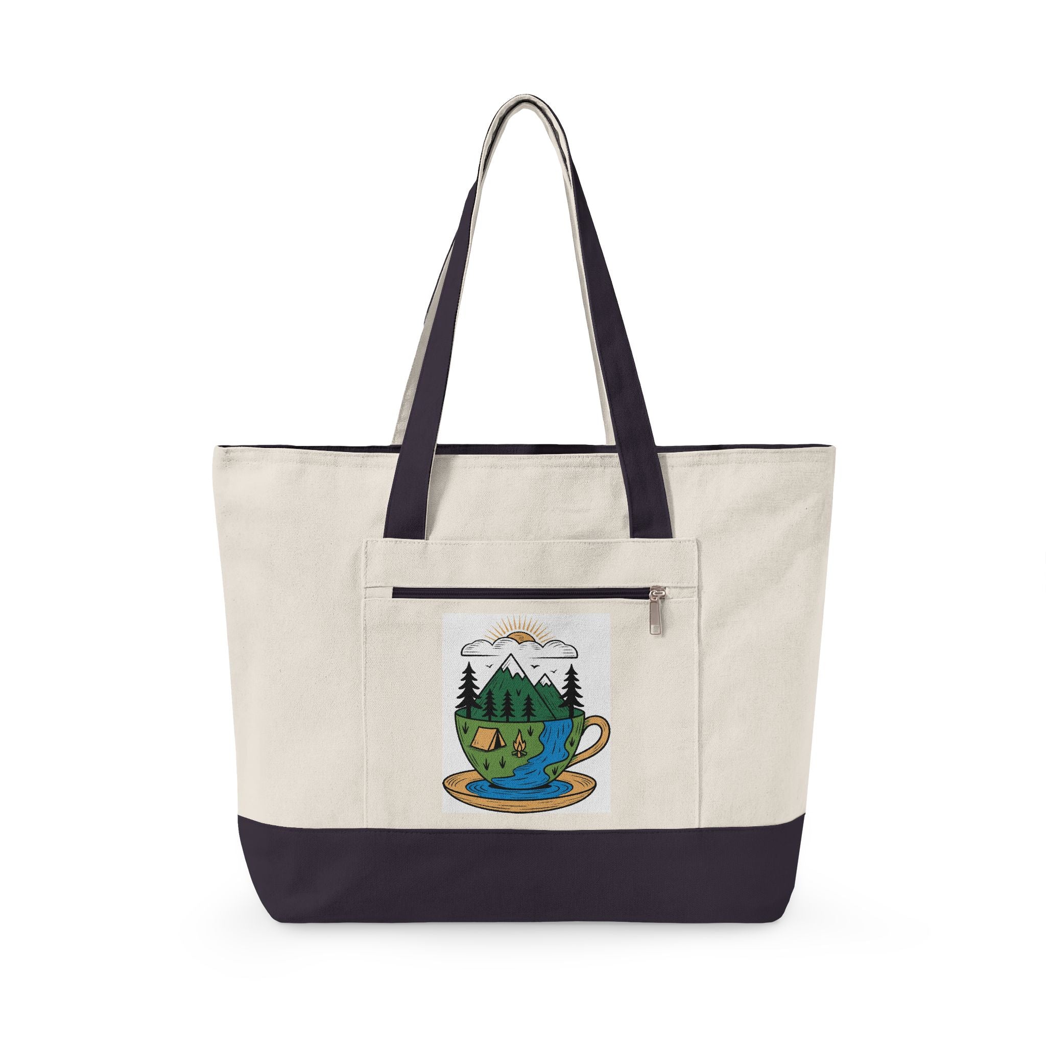 Mountain Teacup Scene Zippered Canvas Tote | Nature Illustration
