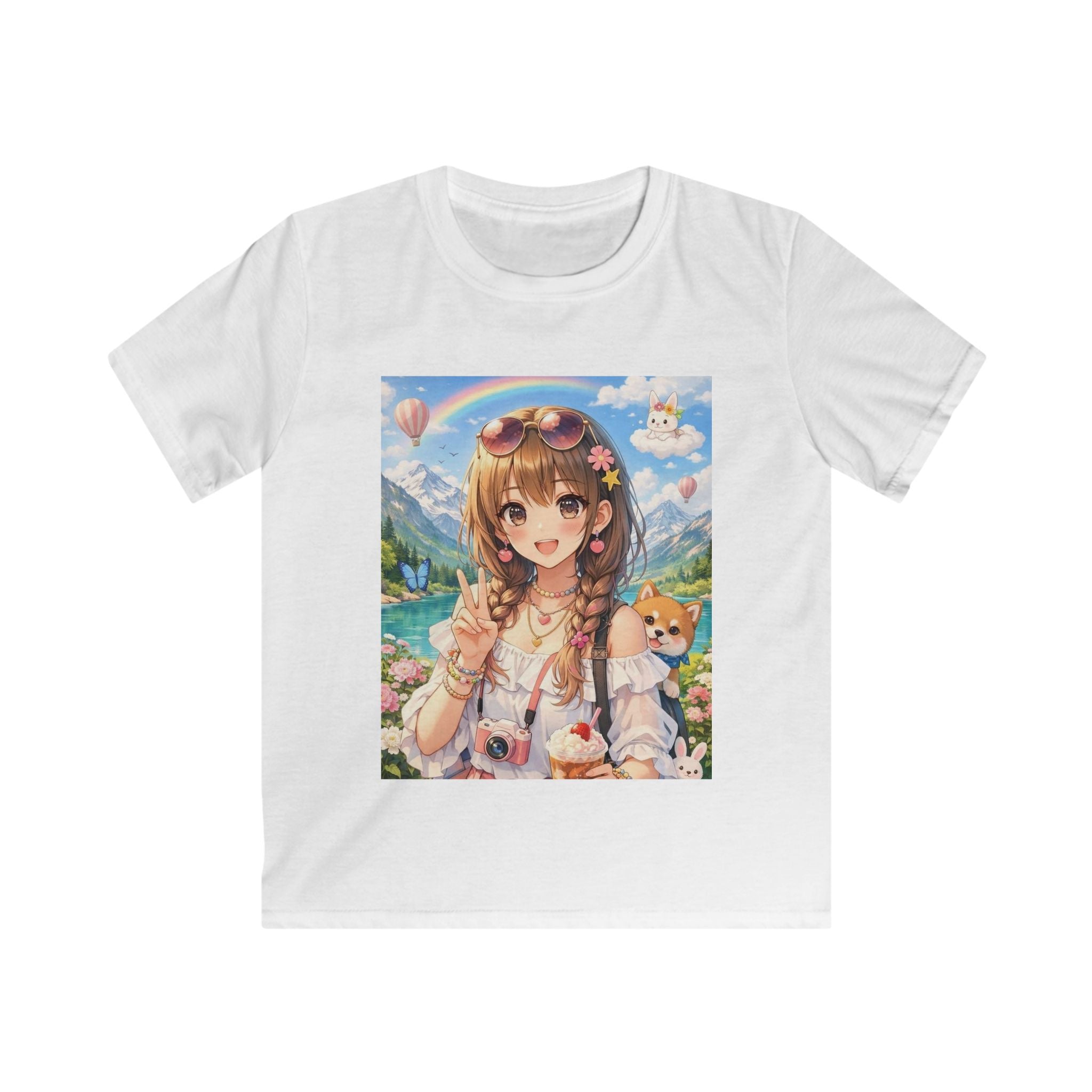 T-shirt bambino bianca girocollo con stampa quadrata colorata