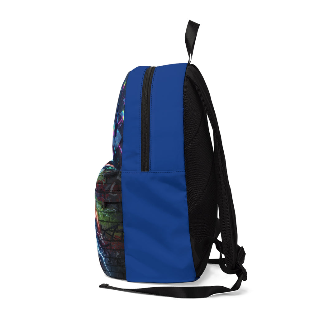 Zaino unisex blu con tasca laterale stampata, cerniera verticale e spallacci neri