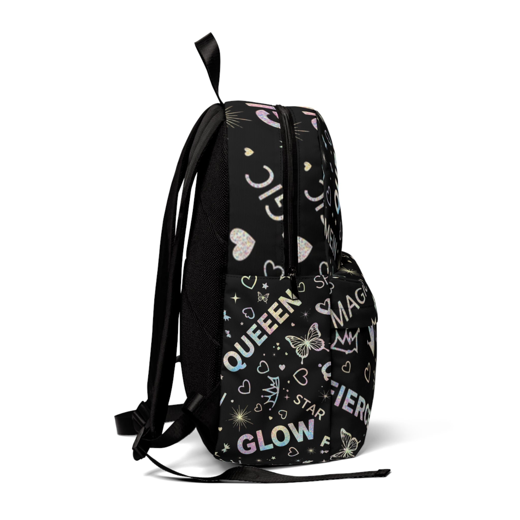 Zaino unisex nero con stampa fantasia e spallacci imbottiti posteriori