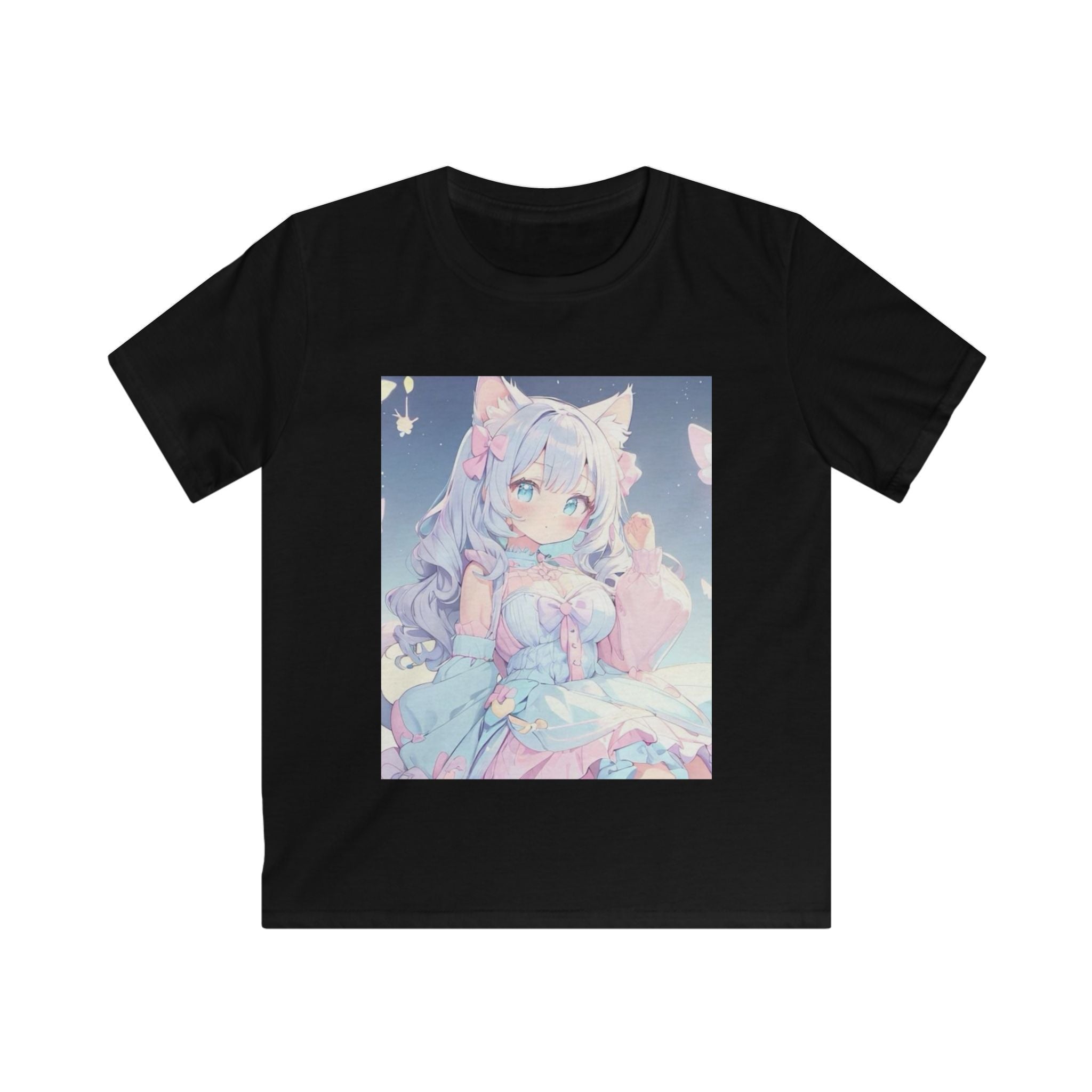 T-shirt per bambino nera con stampa quadrata di personaggio anime sul petto