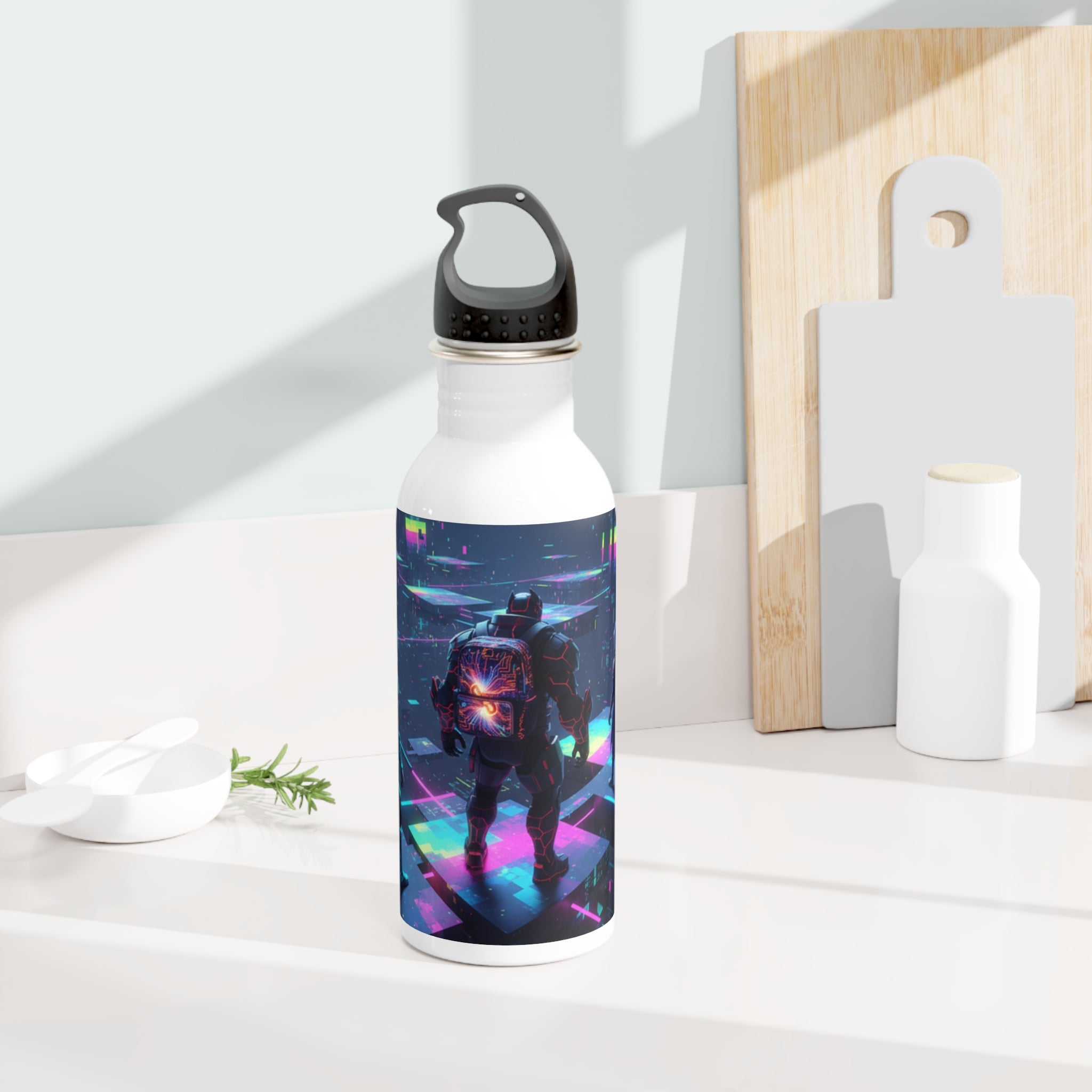 Bottiglia d’acqua in acciaio bianca con tappo nero e grafica neon sul corpo