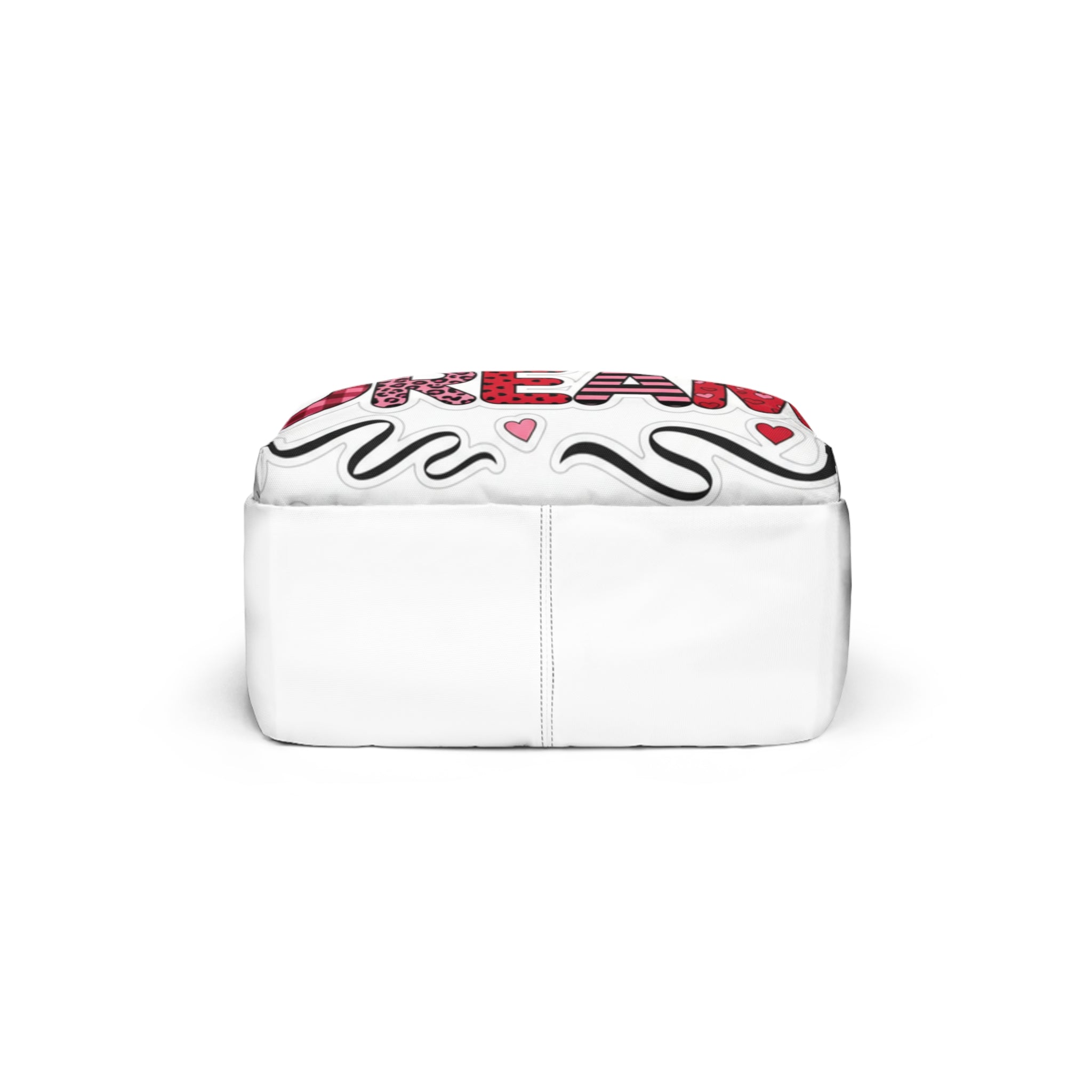 Zaino unisex bianco con scritta DREAM e cuori, cerniera nera sul top