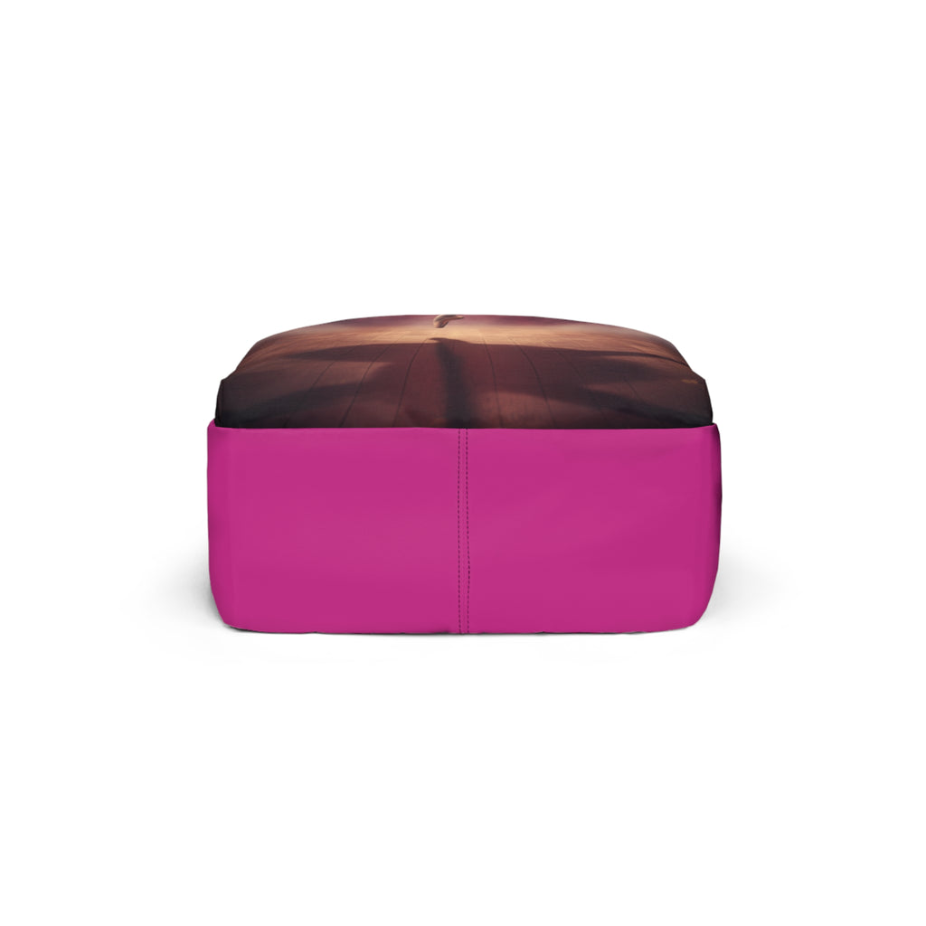 Zaino unisex magenta con fondo sagomato e cuciture centrali