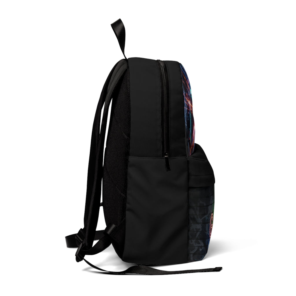 Zaino nero unisex con spallacci regolabili e tasca frontale con zip.