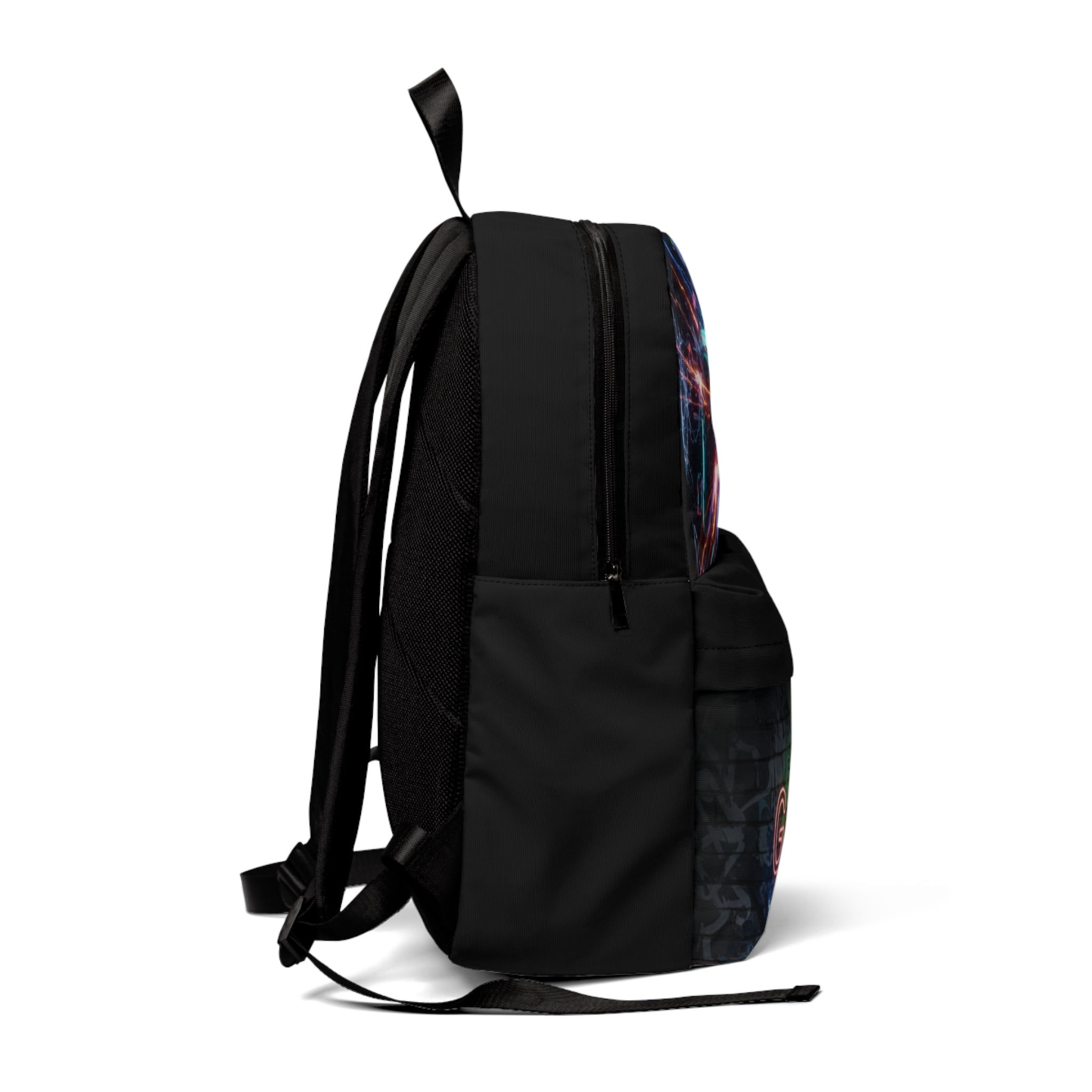 Zaino nero unisex con spallacci regolabili e tasca frontale con zip.