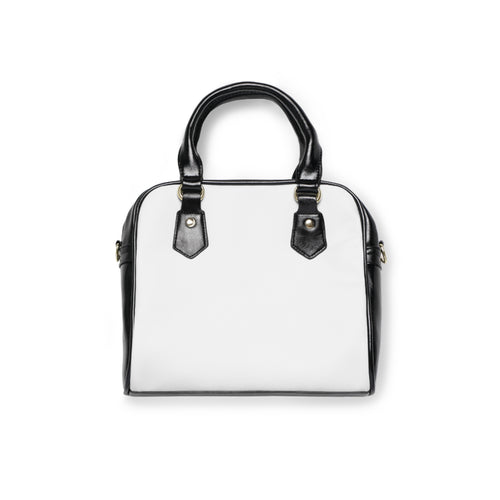 Borsa a spalla con manici neri, pannelli bianchi e accessori metallici dorati