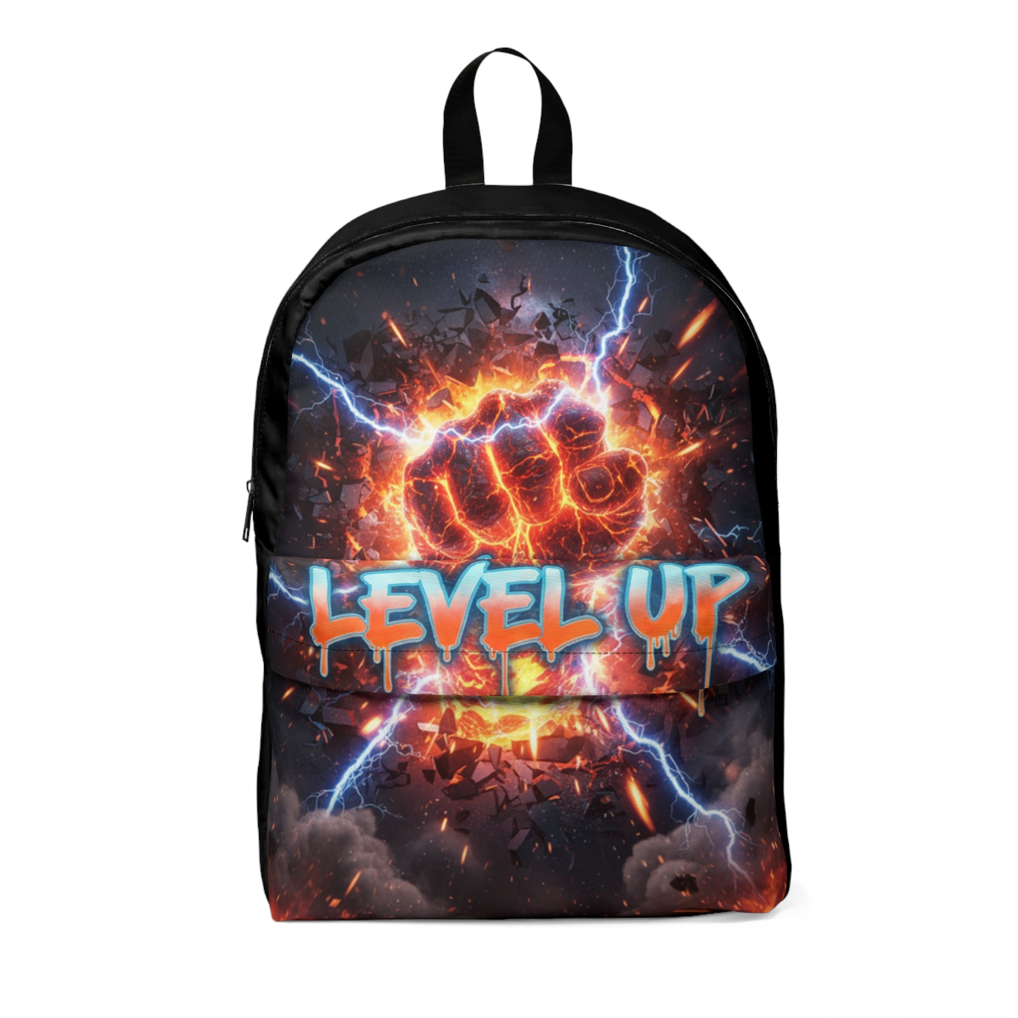Zaino unisex nero con stampa "LEVEL UP" e zip frontale