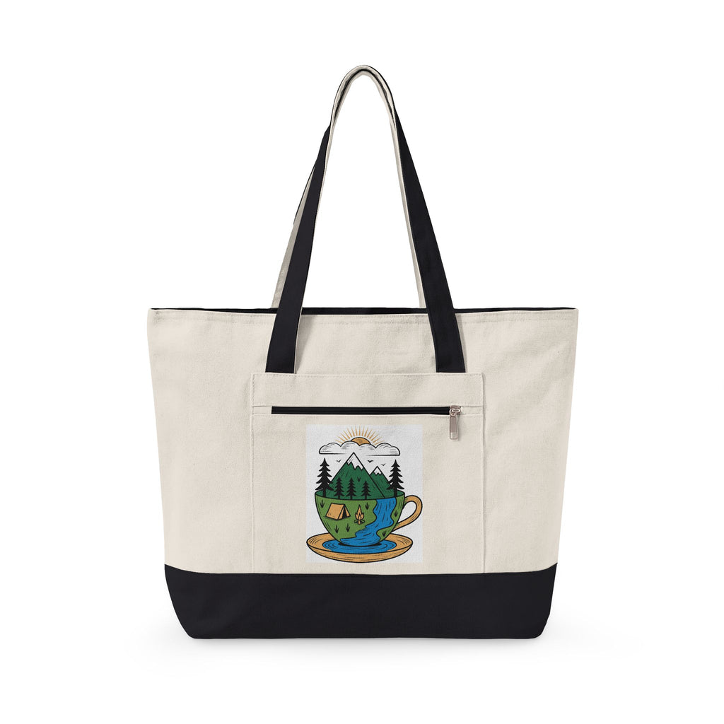 Mountain Teacup Scene Zippered Canvas Tote | Nature Illustration