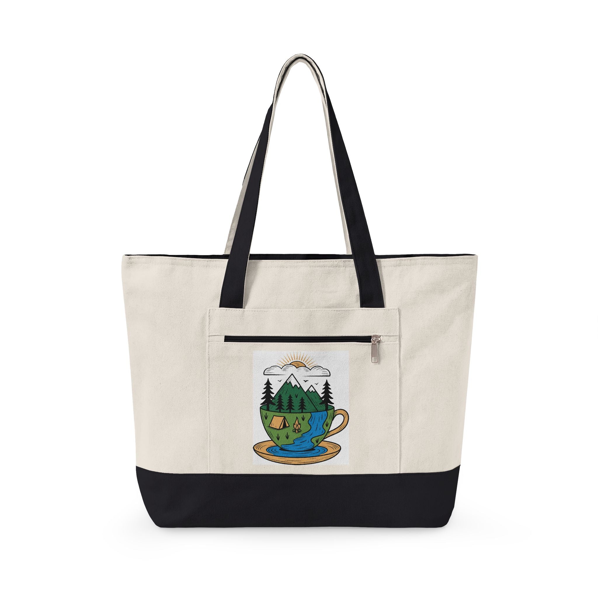 Mountain Teacup Scene Zippered Canvas Tote | Nature Illustration