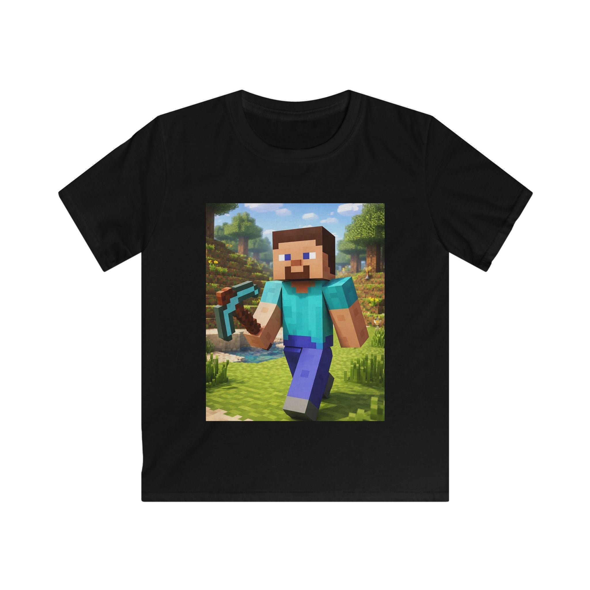 T-shirt bambino nera con stampa quadrata di personaggio Minecraft