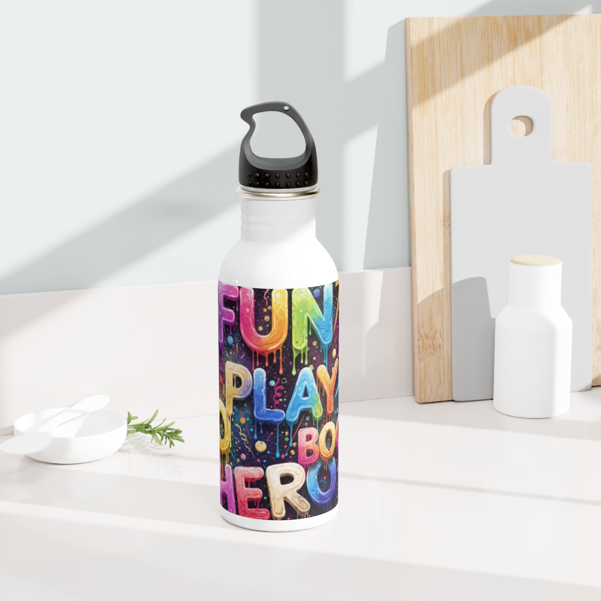 Borraccia d’acqua in acciaio inox bianca con grafica FUN PLAY e tappo nero