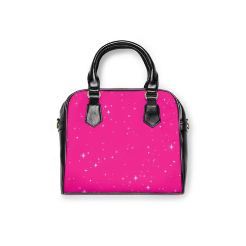 Borsa a spalla SamyeLuna rosa con stampa stelle all-over, manici e bordi neri