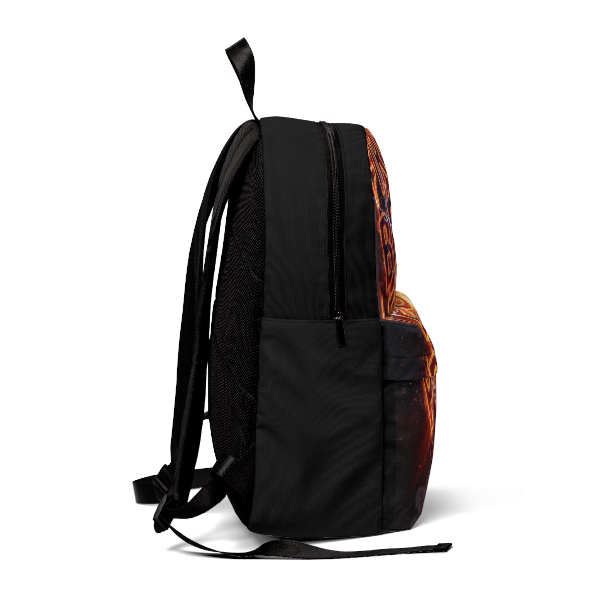 Zaino unisex nero con stampa laterale, spallacci imbottiti e cinghia regolabile