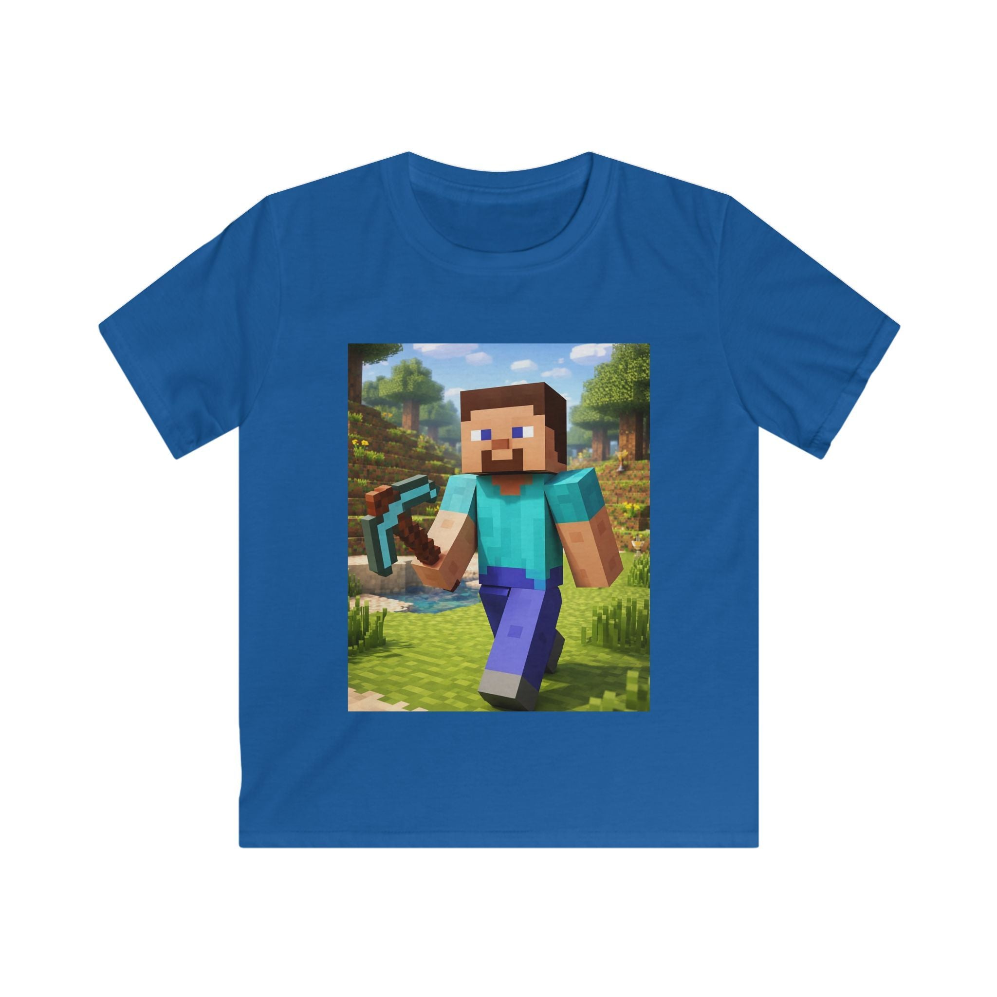 T-shirt bambino blu con stampa quadrata di personaggio Minecraft