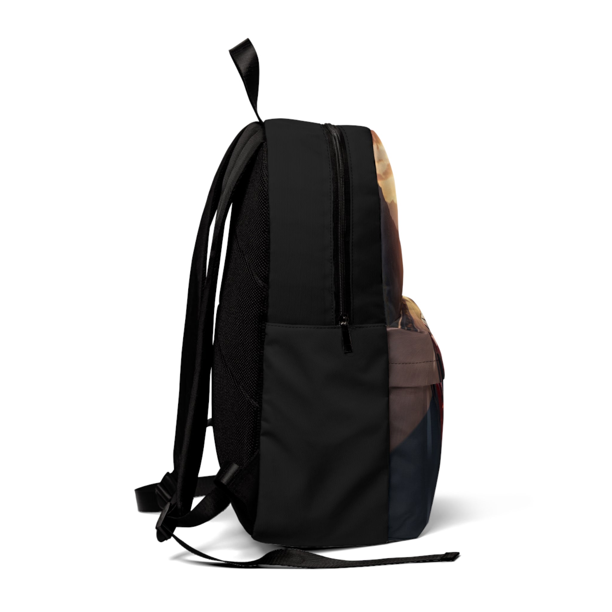 Zaino unisex nero con stampa, spallacci imbottiti e tasca laterale