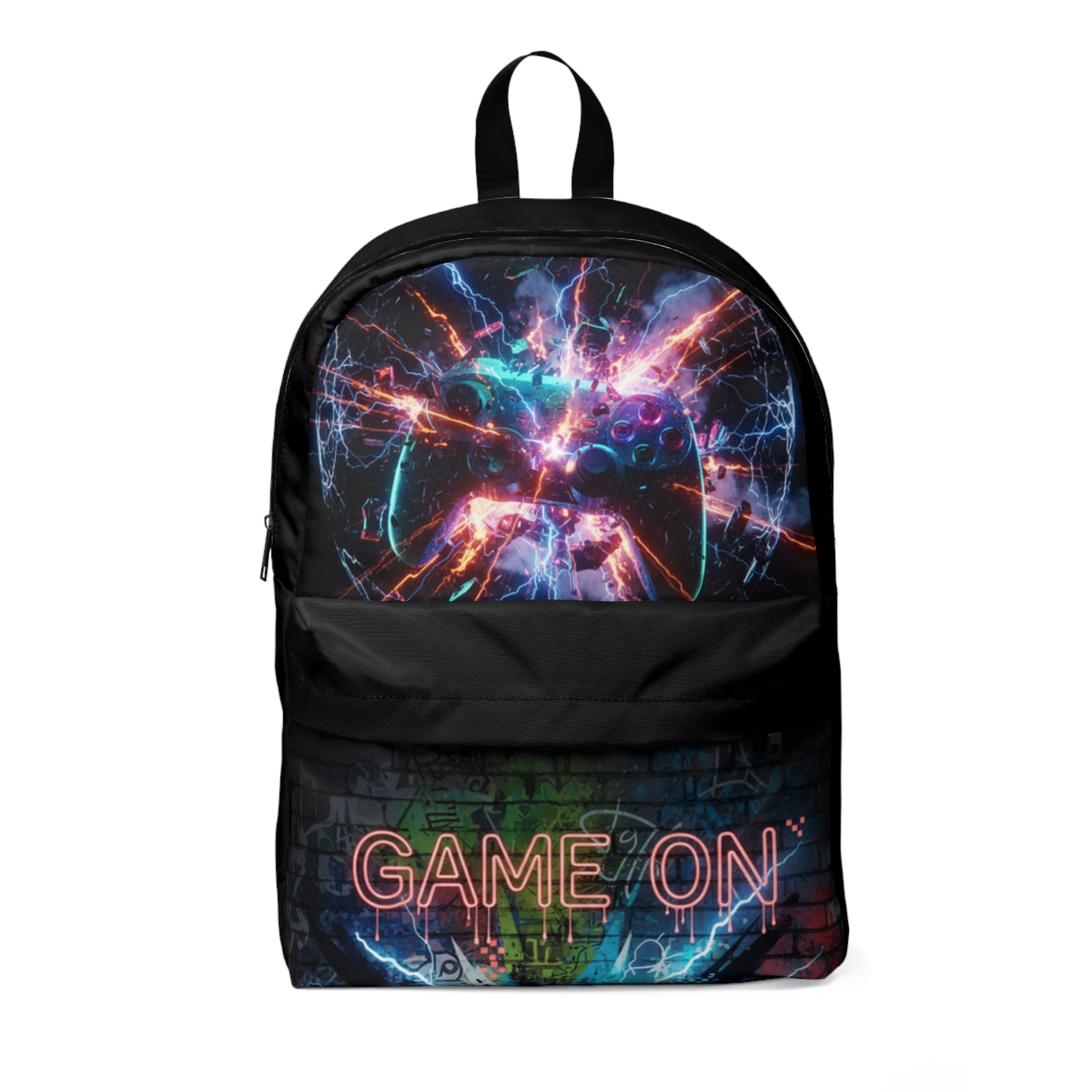 Zaino unisex nero con stampa colorata e scritta “GAME ON” sul pannello frontale.