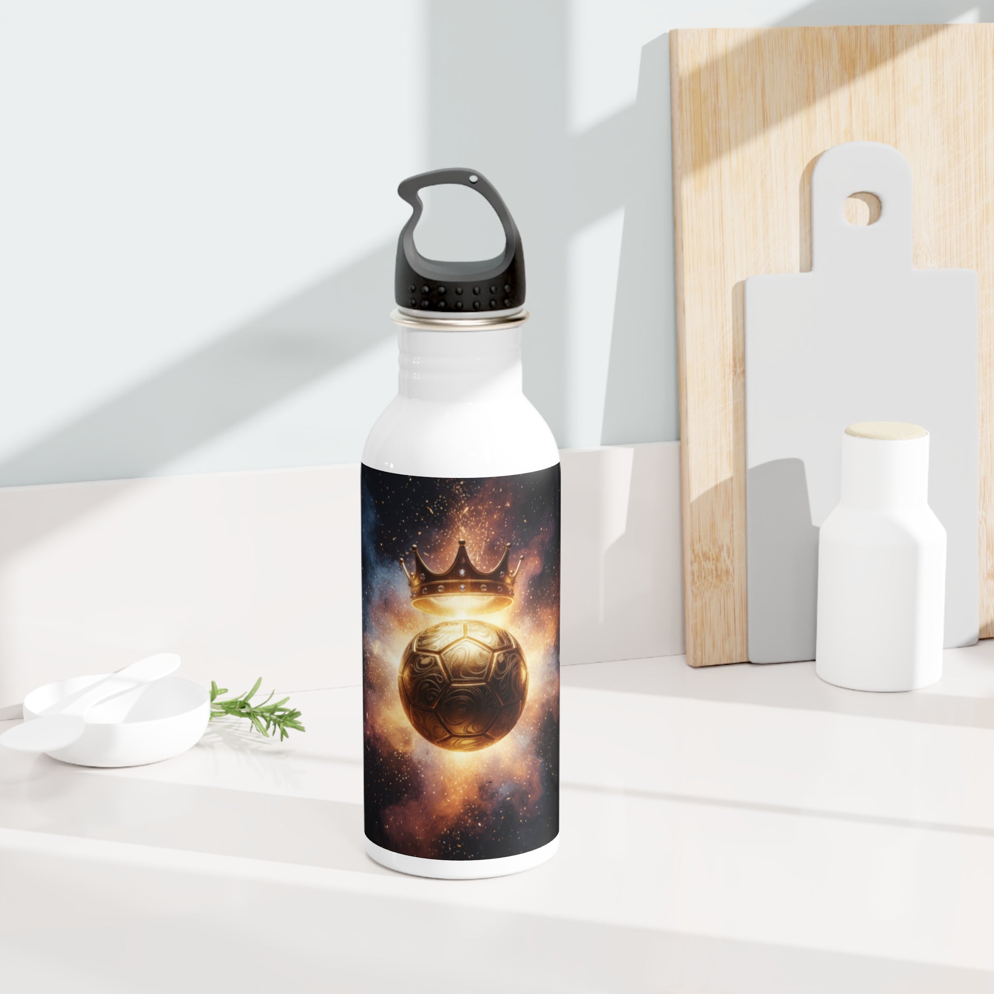 Borraccia d’acciaio bianca con stampa galaxy e tappo nero, vista frontale